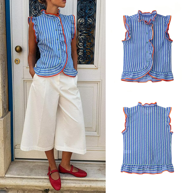 Women's blue vertical striped  - Shirt Camp Collar 评论和价格